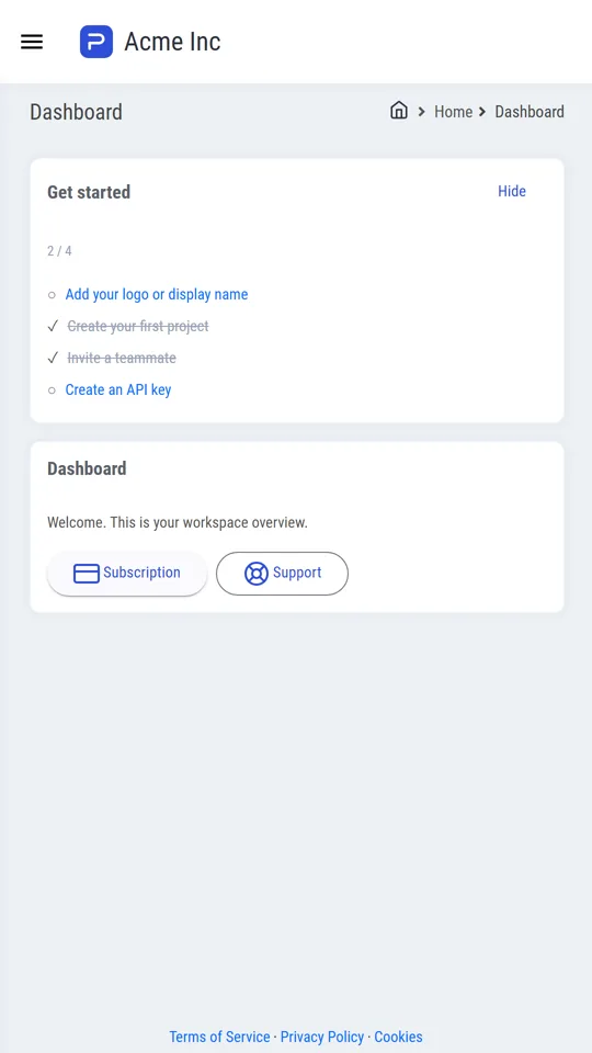 Dashboard of the SaaS Starter after signing in