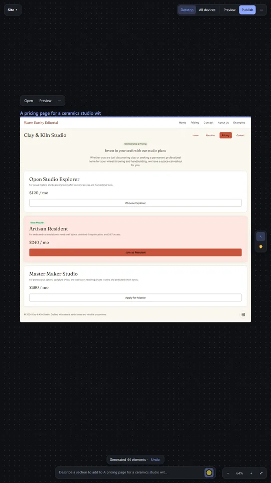 DesignForge canvas with an AI-generated pricing page for a sample ceramics studio